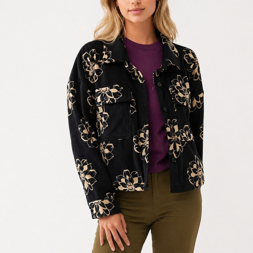 O'Neill Colleen Black Floral Crop Superfleece Sherpa Jacket Shacket SZ Large
